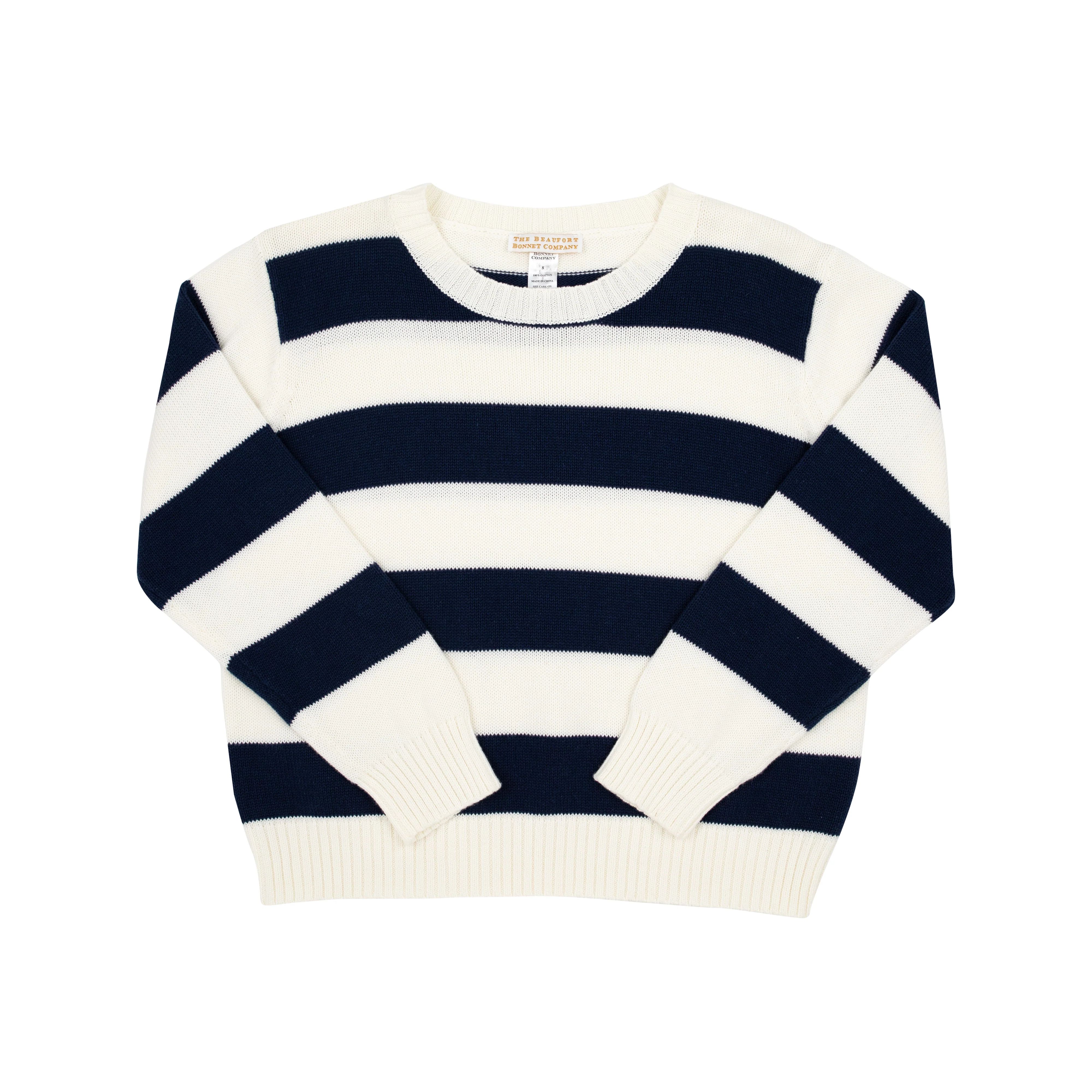 Seaton Sweater (Unisex) - Nantucket Navy & Palmetto Pearl Stripe | The Beaufort Bonnet Company