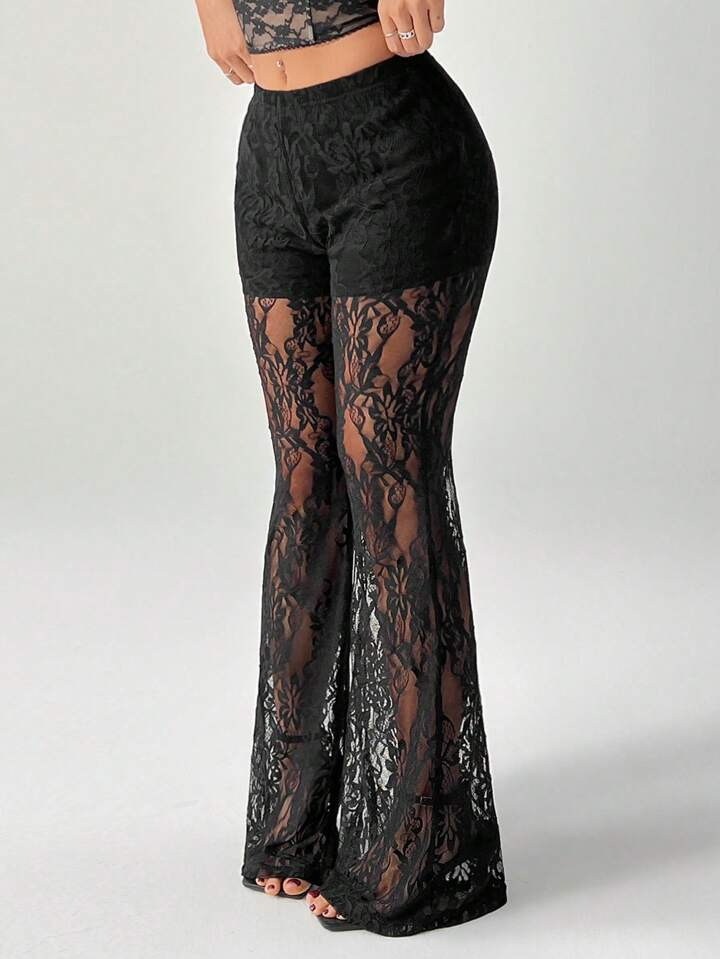 Auralis Plus Size Women's See-Through Pants, Lace Leggings, Flare Pants, See-Through Pants, Black Sexy Women's Pants,Summer Outfits For Women Concert Outfit Women Rave Outfits | SHEIN