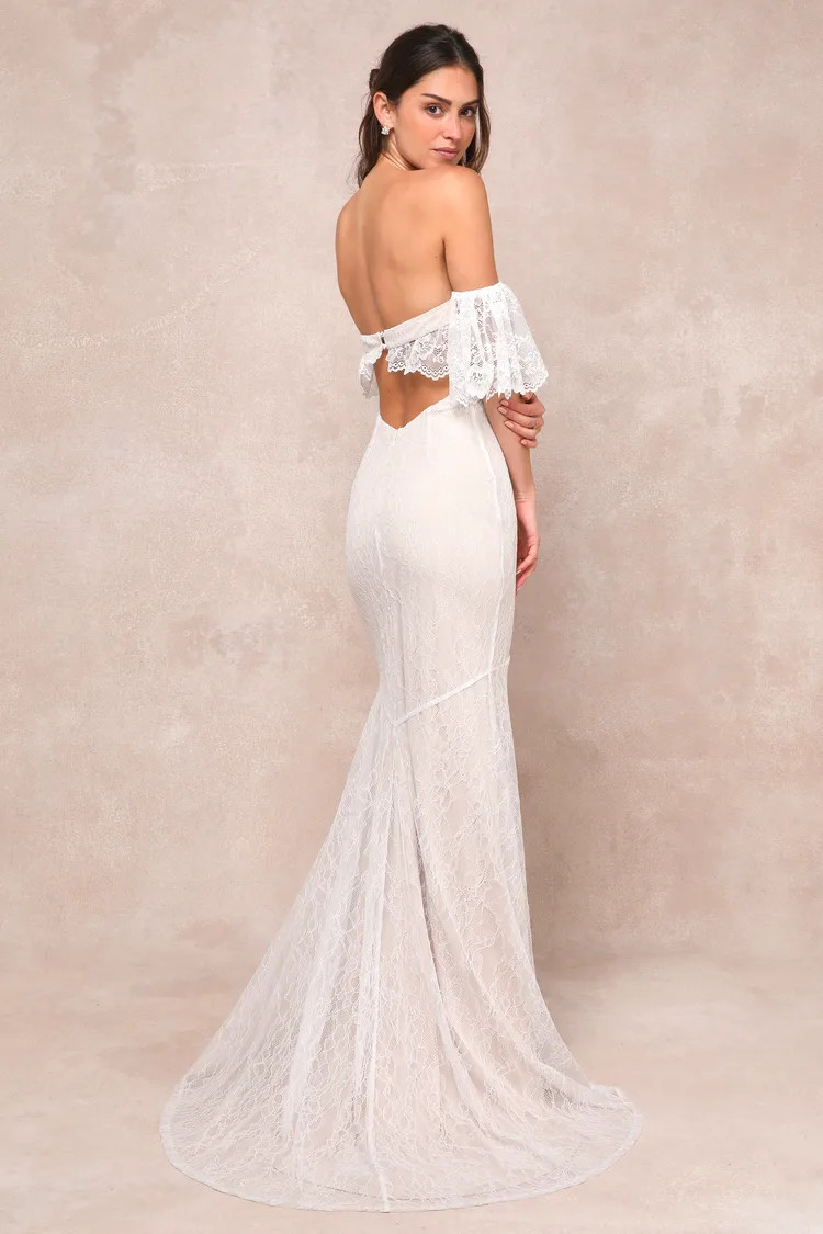 Prospering Love Beige and Ivory Lace Off-the-Shoulder Maxi Dress | Lulus