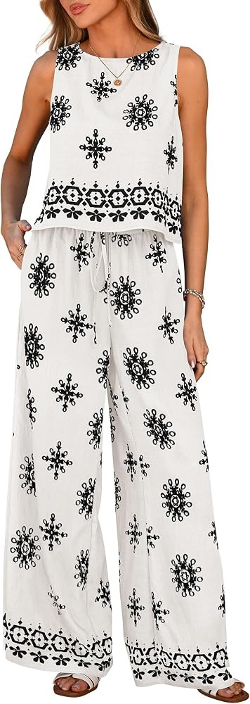 PRETTYGARDEN Women's 2026 Summer 2 Piece Lounge Sets Boho Floral Tank Tops Flowy Wide Leg Pants T... | Amazon (US)
