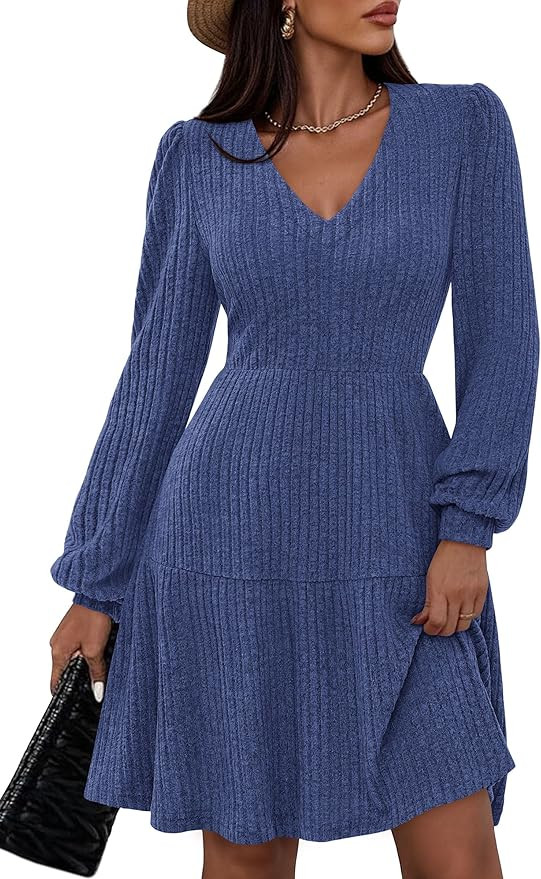 PRETTYGARDEN Womens Sweater Dress 2026 Fall Long Sleeve V Neck A Line Fit and Flare Ribbed Short ... | Amazon (US)