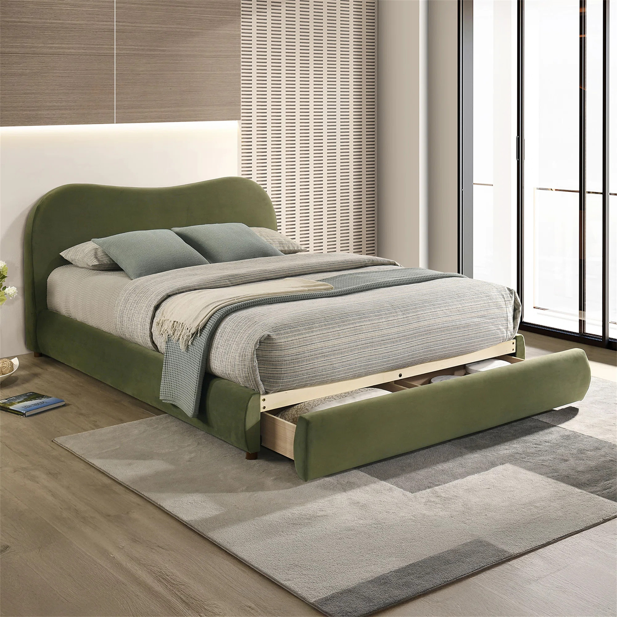 White Color Velvet Upholstered 1Pc Bed Curved Design Headboard Storage FB Bedroom Furniture Bedframe | Wayfair North America