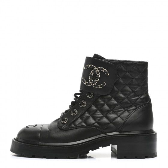 CHANEL

Shiny Lambskin Quilted Lace Up Combat Boots 38 Black | Fashionphile