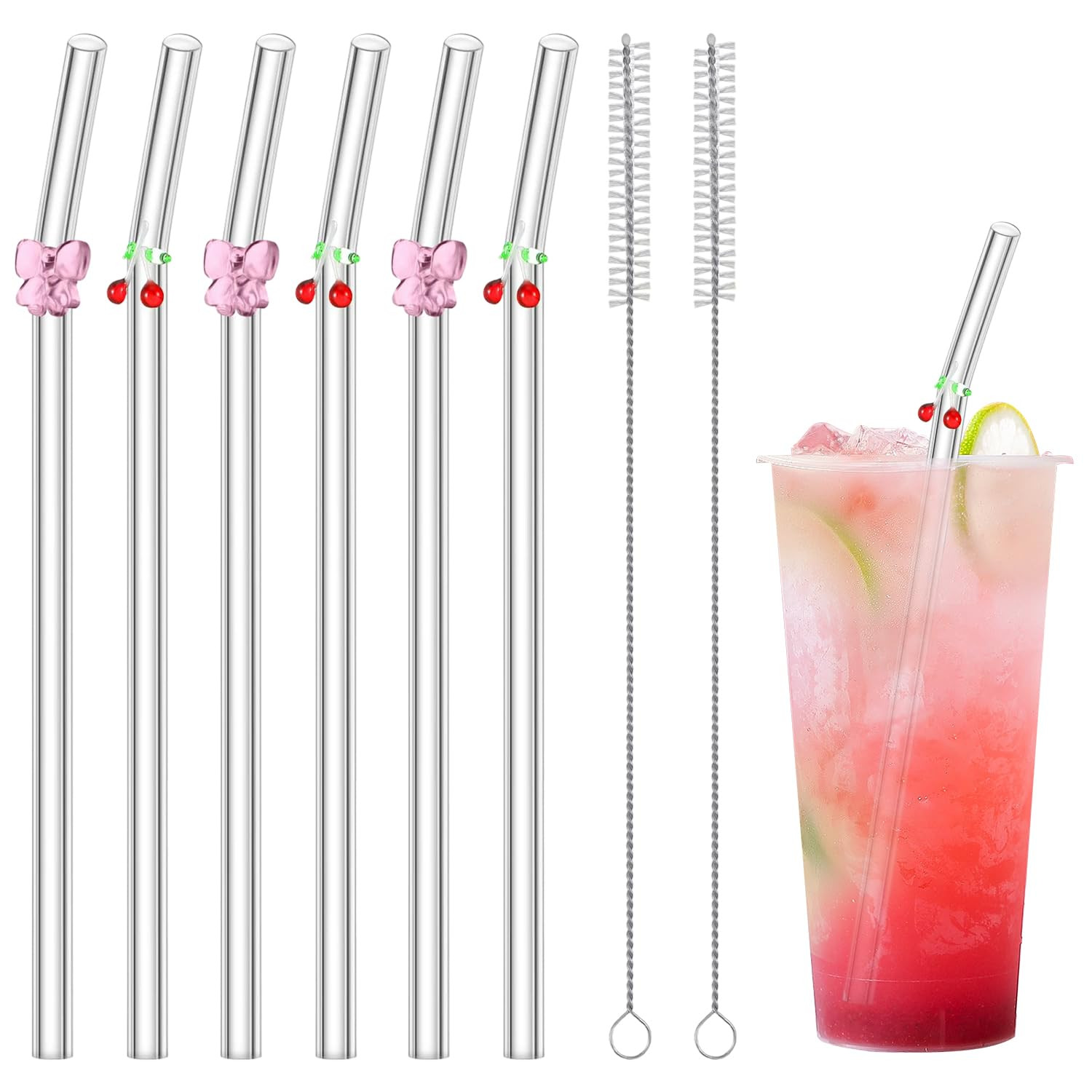 6PCS Glass Straws with Charms, Reusable Drinking Straws with 2 Cleaning Brushes, Curved Design fo... | Amazon (UK)