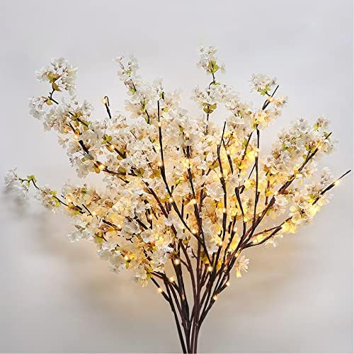 Sunm Boutique 3 PCS Silk Cherry Blossom Branches, Lighted Brown Twig Branches, Artificial White C... | Amazon (US)