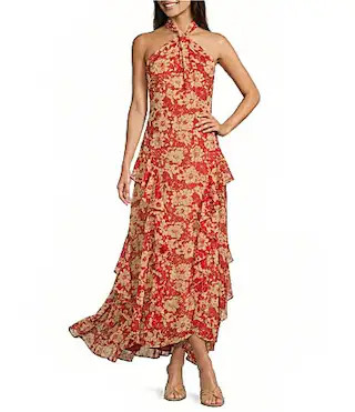 Lauren Ralph Lauren Floral Ruffle-Trim Georgette Halter Maxi Dress -  16 | Dillard's