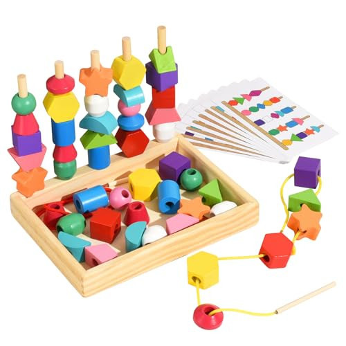 Gserin Montessori Bead Sequencing Set for Kids, Wooden Lacing Beads Toys for Toddlers, Matching Color Shape Stacker for 2 3 4 5 Years Old, Preschool Learning Educational Toys Gifts | Amazon (US)
