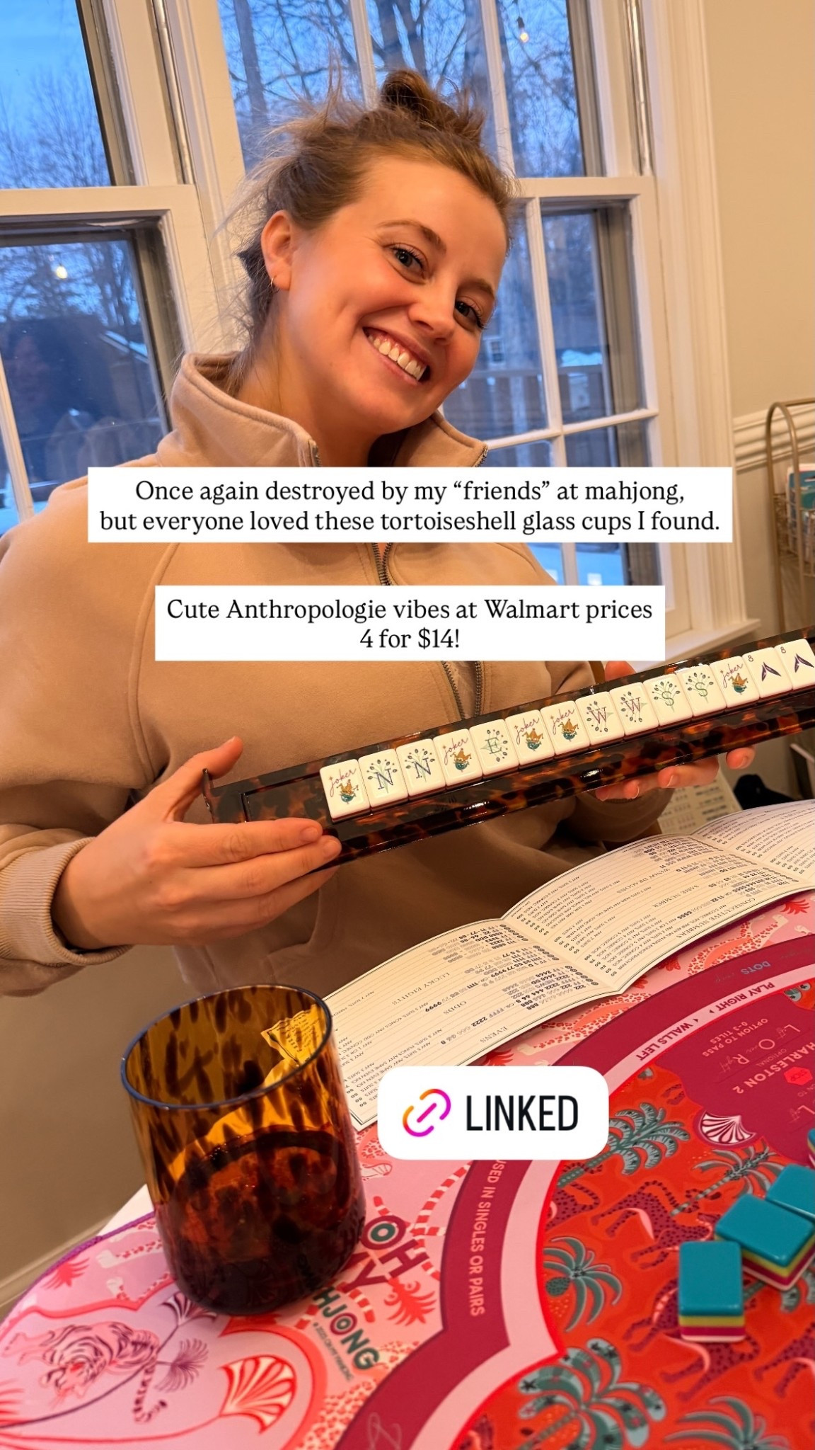 Once again destroyed by my “friends” at mahjong,
but everyone loved these tortoiseshell glass cups I found.

Cute Anthropologie vibes at Walmart prices
4 for $14!