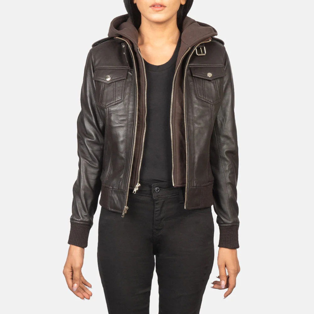 Women's Roslyn Brown Hooded Leather Bomber Jacket | The Jacket Maker