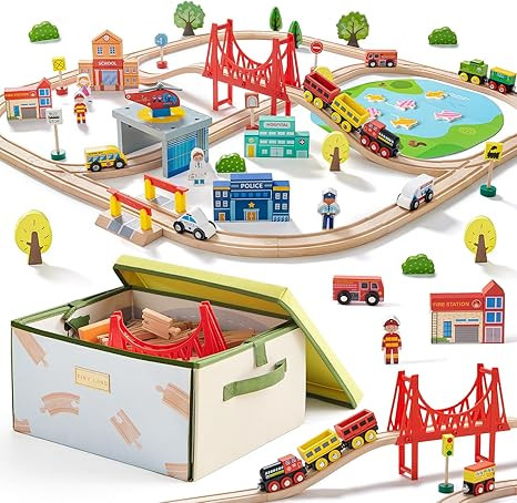 Tiny Land 110pcs Wooden Train Set with Folding Storage Box, Wooden Train Track Toy for Boys & Gir... | Amazon (US)