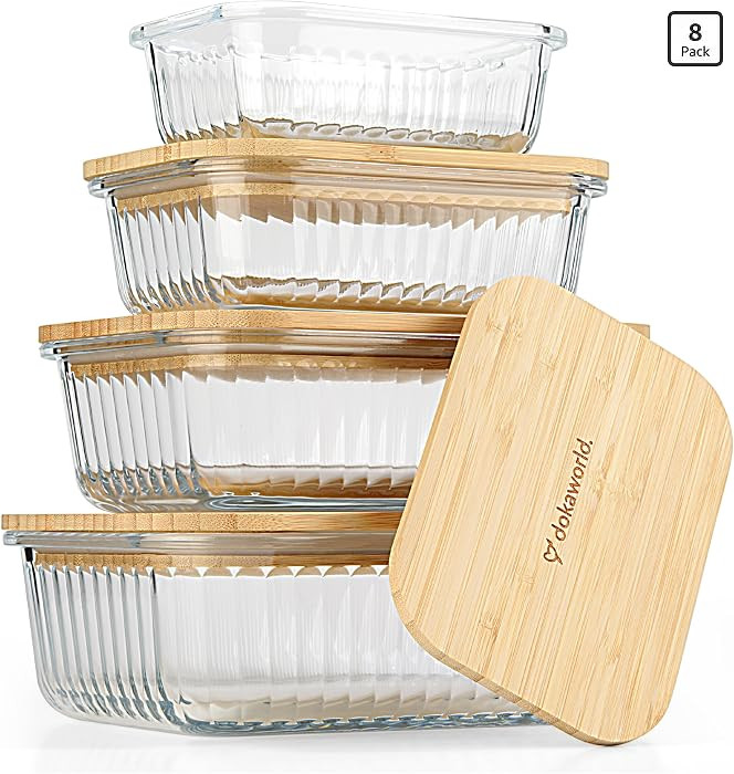 Ribbed Glass Tupperware Set with Bamboo Lids - 4 Stackable Meal Prep Containers. Durable heat res... | Amazon (US)