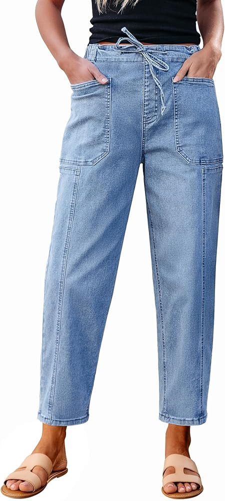 luvamia Barrel Jeans Women Trendy High Waisted Pull On Drawstring Elastic Waist Stretchy Denim Ba... | Amazon (US)