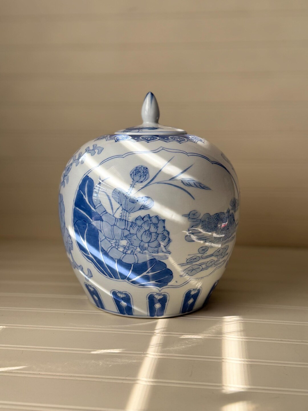 Small BLUE and WHITE Porcelain Ginger Jar With Hummingbird and Lotus Peony | Chinoiserie | Cottag... | Etsy (US)