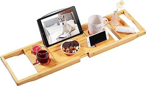 Bamboo Bathtub Caddy Tray, Expandable Bath Tray for Tub with Upgraded Wine Slots and Book Holder ... | Amazon (US)