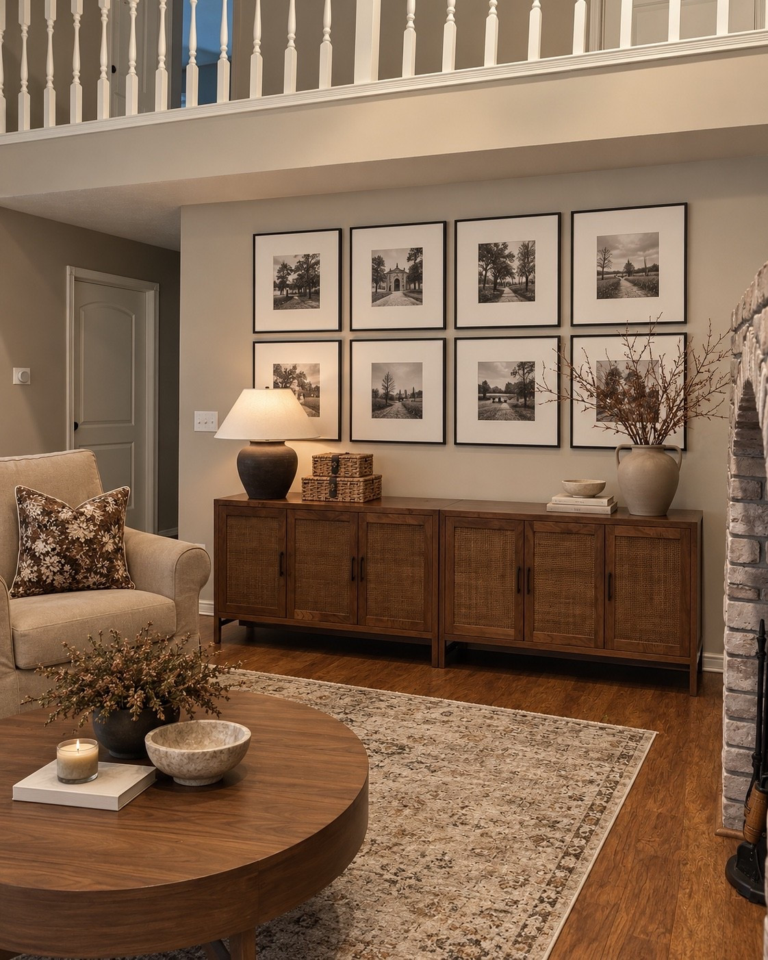 A warm, collected living room moment 🤎 I layered warm wood tones, woven textures, black-framed art and soft neutrals to give this wall a more finished, inviting feel.

#LTKHome