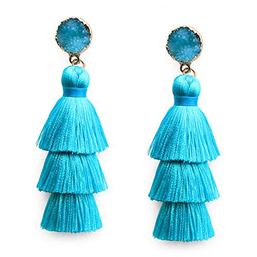 Me&Hz Fashion Layered Tassel Earrings for Women Big Light Blue Bohemian Boho Drop Dangle Stud Earring Christmas Birthday Valentines Day Gift, Sky Blue | Amazon (US)