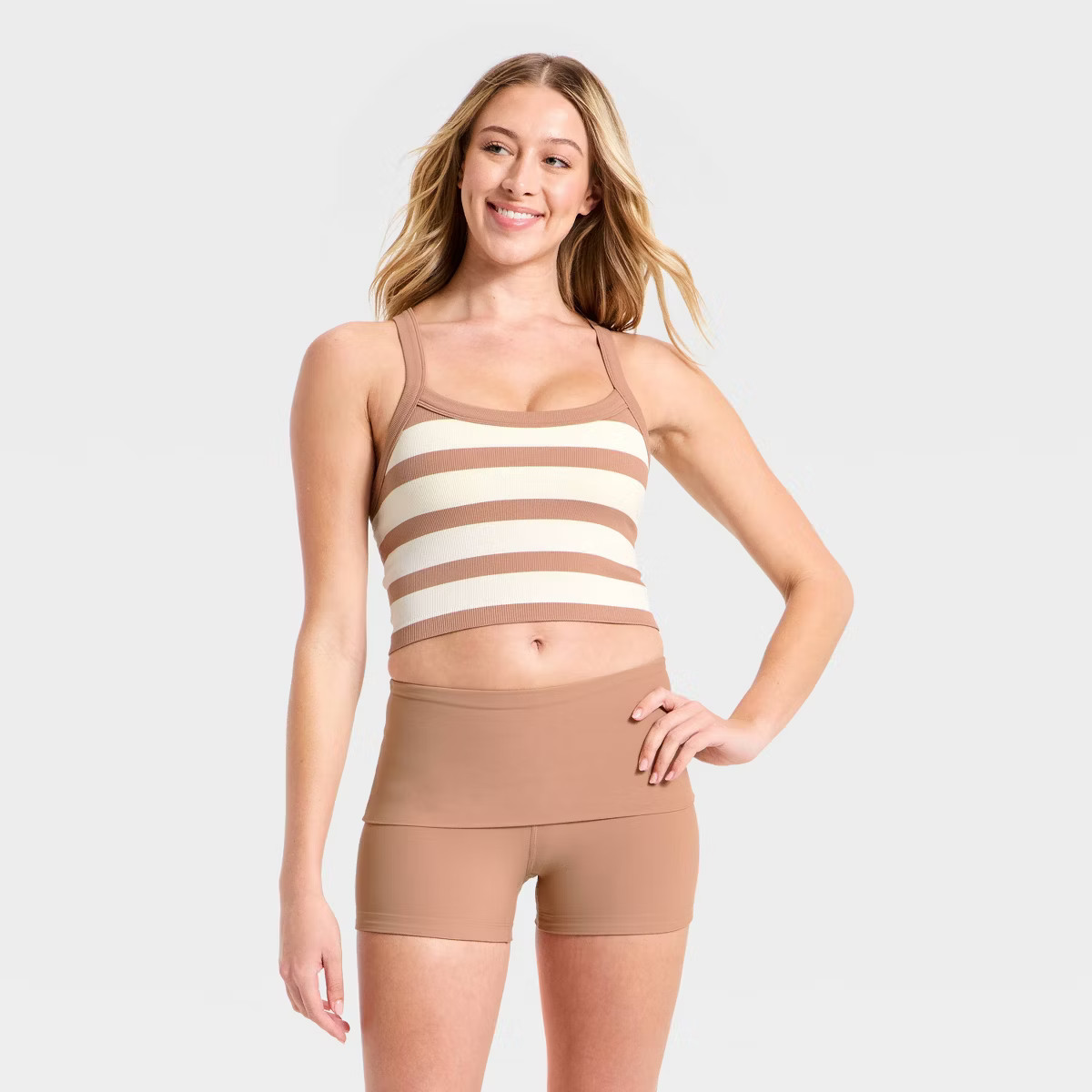 Women's Seamless Cropped Support Tank Top -JoyLab™ Light Brown/Cream Stripe S | Target