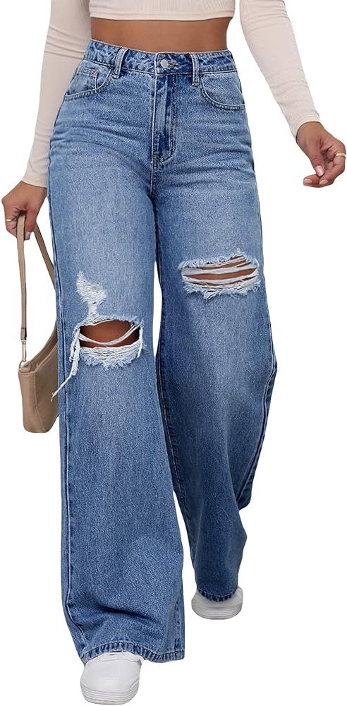 WDIRARA Women's High Waist Ripped Wide Leg Baggy Jeans Distressed Denim Pants | Amazon (US)