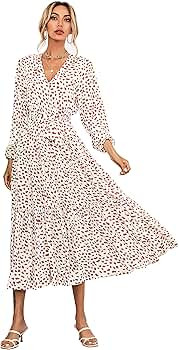 R.Vivimos Women's Fall Cotton Long Sleeves Irregular Polka Dot V Neck Casual Flowy Midi Dress | Amazon (US)