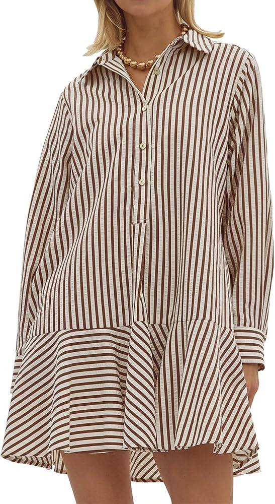Kedera Women‘s Tunic Shirt Mini Dress Long Sleeves Short Dress Button Up Ruffle Hem Shift Dress... | Amazon (US)