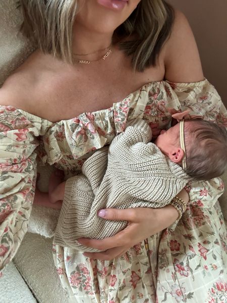Free people Oasis Midi dress for newborn photos — this exact color is sold out but there’s others and are so cute for summer! I love the fit of this! 🩷🩷 in a size medium. Baby Evie’s bows linked too🥰

Newborn pics, name necklace, newborn bows, babygirl bow headbands, free people style, floral dress, ruffle dress 

#LTKBaby #LTKFamily