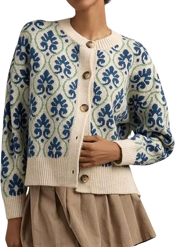 Women Floral Cardigan Sweater Open Front Long Sleeve Button Down Knit Sweater Vintage Outerwear | Amazon (US)