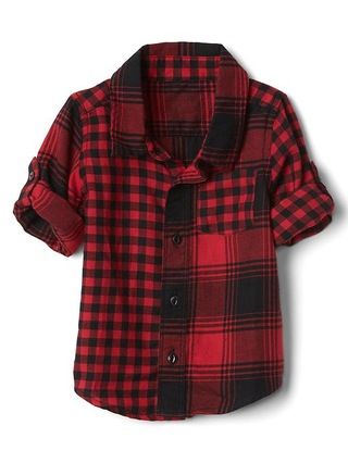 Gap Baby Mix-Plaid Flannel Convertible Shirt Modern Red Size 0-3 M | Gap US