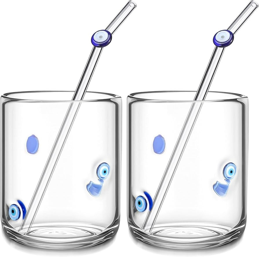 Skylety 2 Set Evil Eye Icon Juice Glass Cups - Icon Glass Cup with 2 Straw 14 oz Double Old Fashi... | Amazon (US)