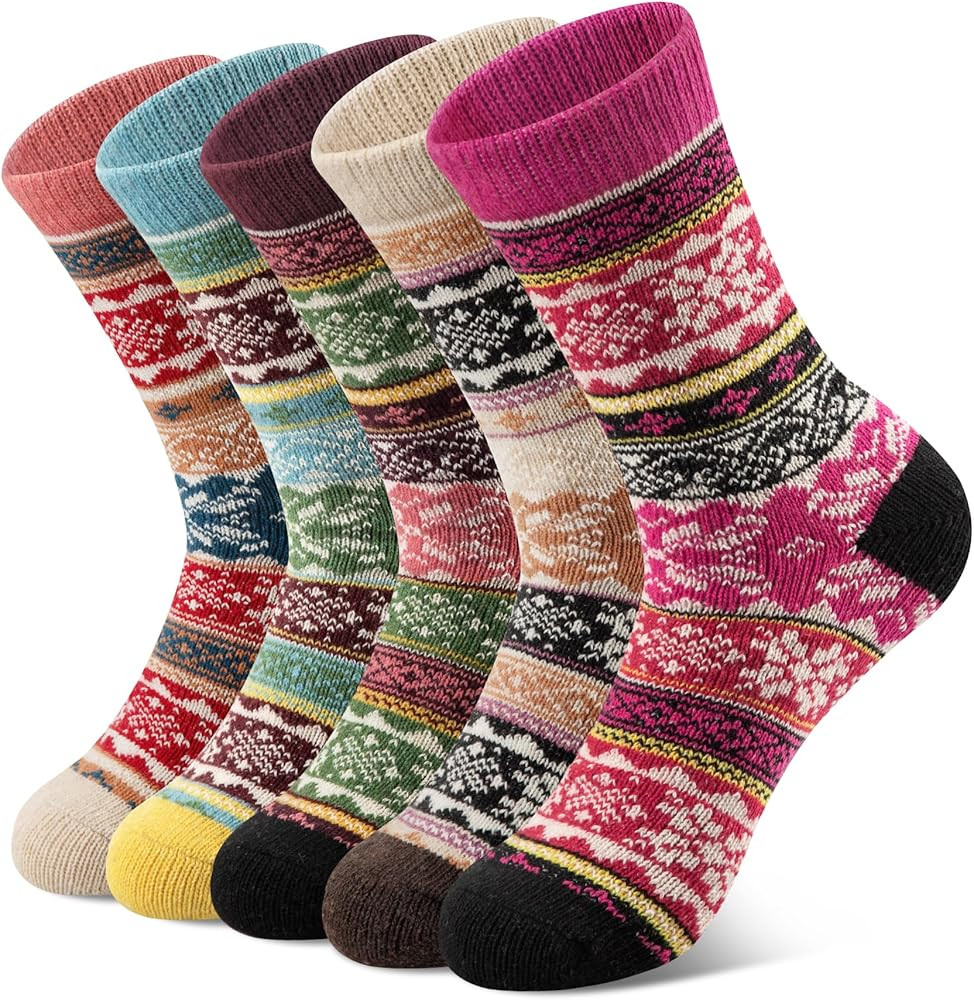 YSense 5 Pairs Womens Wool Socks Thick Knit Warm Winter Socks Cozy Comfy Socks Gifts for Women | Amazon (US)