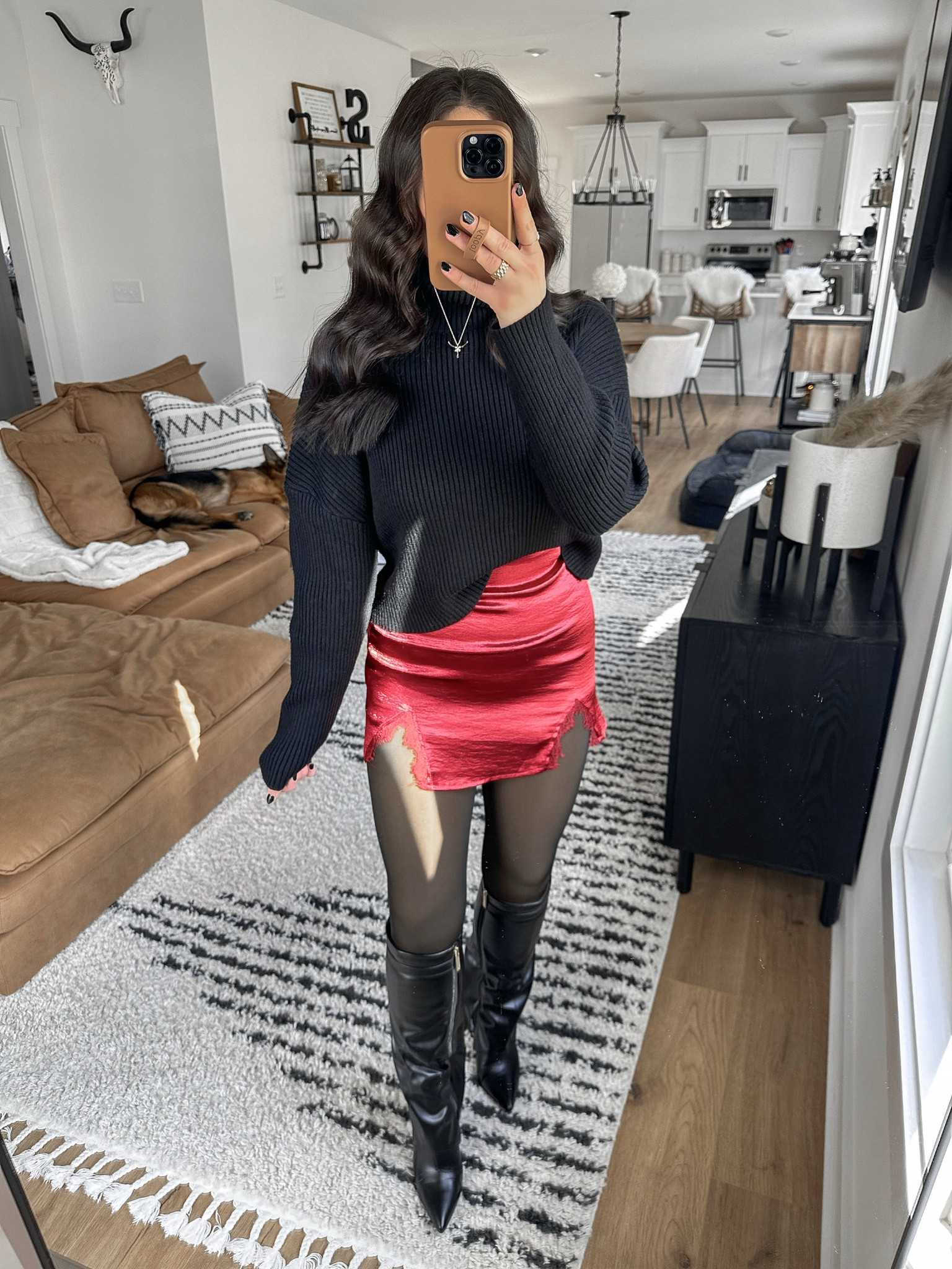 Sweater — medium
Tights — small/medium
Skirt — xs

Christmas outfits | holiday outfits | holiday photo shoot outfits | black knee high boots | faux sheer fleece lined tights | red satin mini skirt | black and red outfit 




#LTKfindsunder50 #LTKstyletip #LTKshoecrush