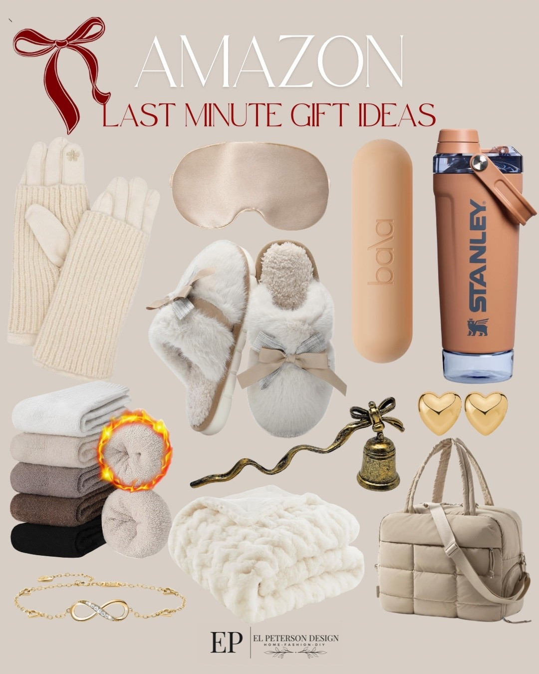 Amazon 
Last minute gift guide for her
Gloves
Eye covering
Dumb bells
Stanley
Blanket
Earrings
Traveling bag
Slippers
Socks 
Snuffer 
