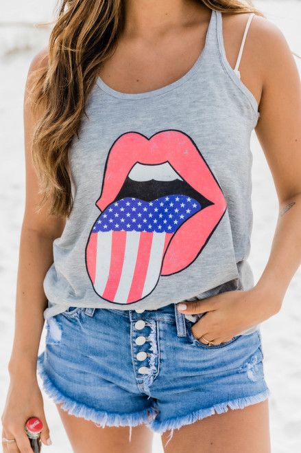 America Rock n Roll Tongue Graphic Tank Athletic Grey | The Pink Lily Boutique