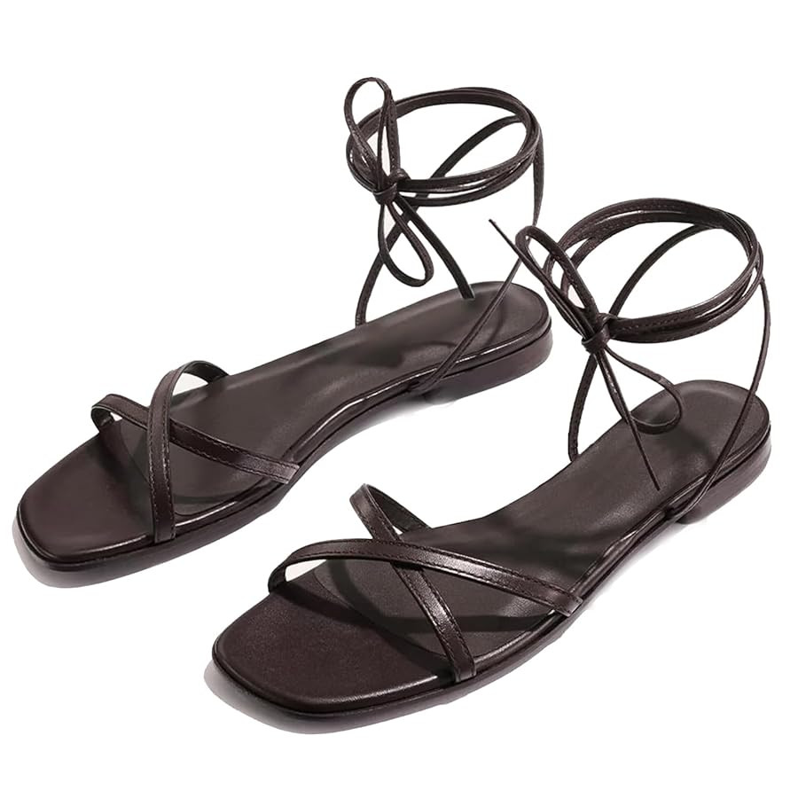 Strappy Flats Sandals for Women Comfortable Square Toe Lace Up Slides Beach Gladiator Wrap Sandal... | Amazon (US)