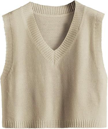 Romwe Women's Knit Sweater Vest Women Crop Y2K Sweater Vests V Neck Sleeveless JK Uniform Pullove... | Amazon (US)