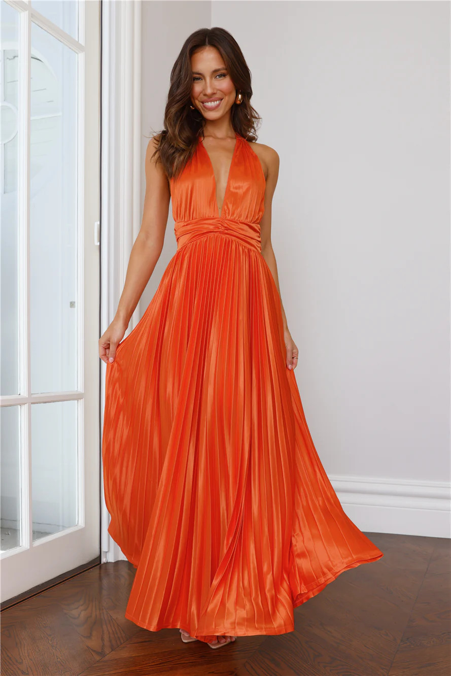 Shimmering Sea Pleated Halter Maxi Dress Orange | Hello Molly (AU)