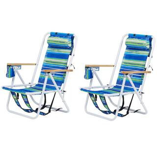 Portable 2 Pack Striped Blue Steel Folding Adjustable Headrest Beach Chair | The Home Depot