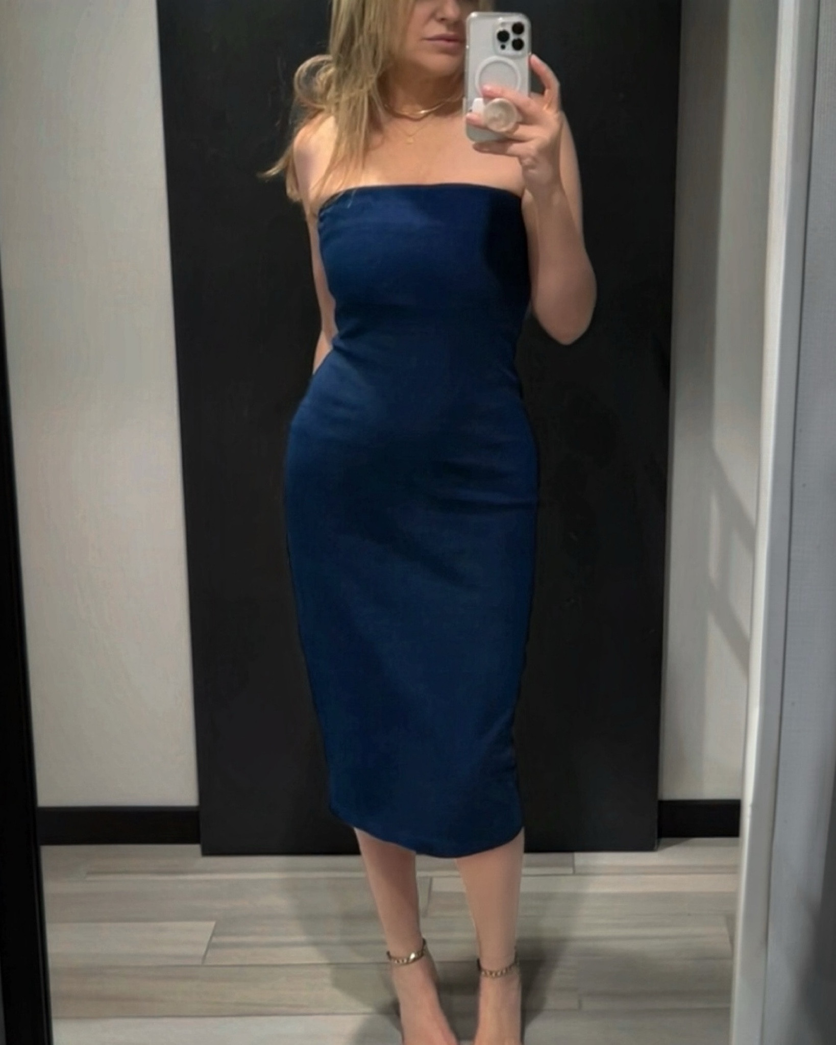 Strapless bodycon midi dress in a dark indigo from Susana Monaco. It’s a timeless dress that can be worn alone or with a wraparound cardigan draped over it. Day or night dress. 

#LTKootd #LTKSeasonal #LTKSaleAlert