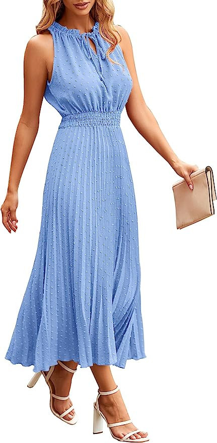 PRETTYGARDEN Women's Midi Summer Dresses Casual V Neck Swiss Dot Ruffle Sleeveless A Line Beach S... | Amazon (US)
