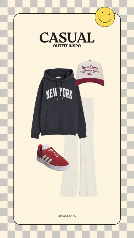 Casual outfit, oversized sweatshirt, ribbed flare pants, trucker hats, red sneakers, adida sneakers 

#LTKstyletip #LTKshoecrush #LTKfindsunder50