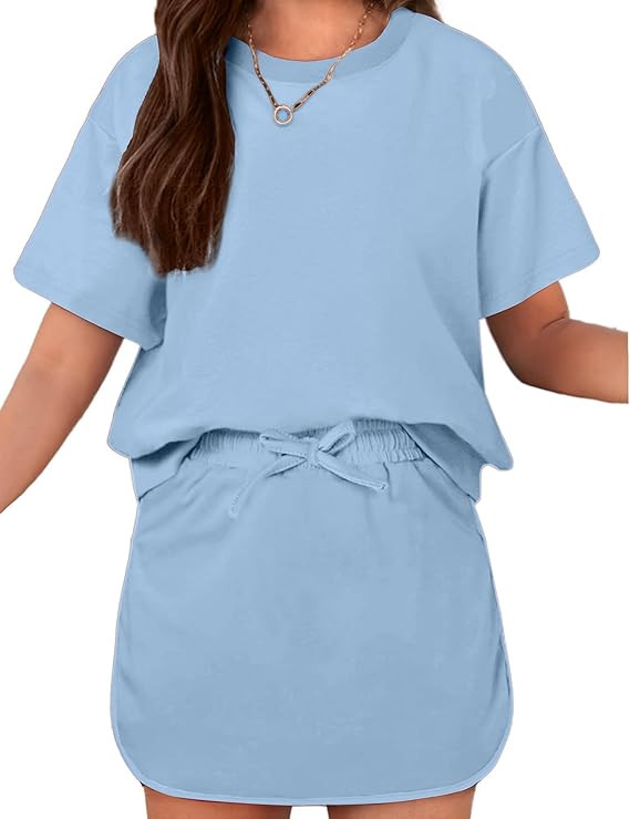 Arshiner Girls 2 Piece Outfits Summer Clothes Short Sleeve Drop Shoulder Shirt and Skirt with Bui... | Amazon (US)