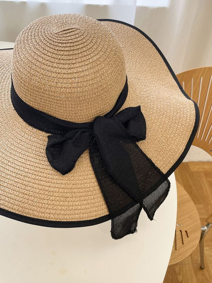 1pc Women Bowknot Skinny Scarf Decor Wide Brim Hat Boho Hat For Summer Beach Holiday | SHEIN