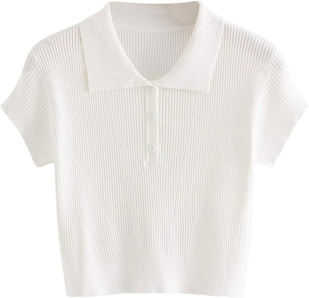 SweatyRocks Women's Collar Half Button Short Sleeve Striped Crop Top T-Shirts | Amazon (US)