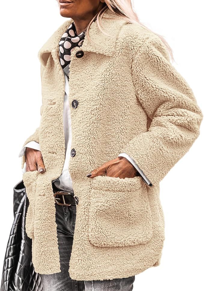 PRETTYGARDEN Women's Winter Faux Fur Coats Long Sleeve Lapel Button Down Pockets Fleece Sherpa Ja... | Amazon (US)