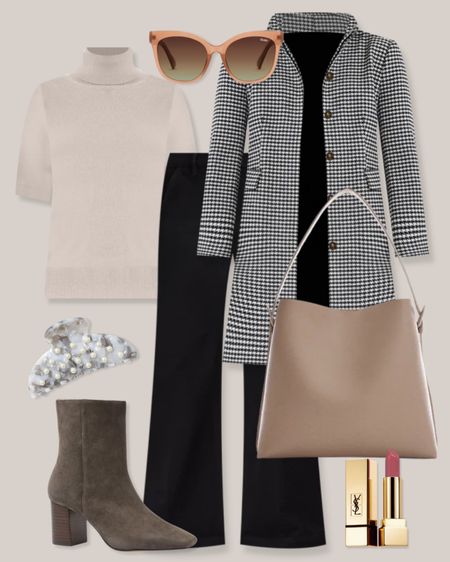 Ann Taylor outfit
Winter outfit
Winter work outfit
Business casual outfit
Neutral outfit
Winter coat
Houndstooth coat
Taupe turtleneck sweater
Short sleeve sweater
Black pants
Dark gray booties
Suede ankle boots
Taupe bag
Tortoise hair claw
Pink lipstick

#LTKworkwear #LTKSeasonal #LTKfindsunder100