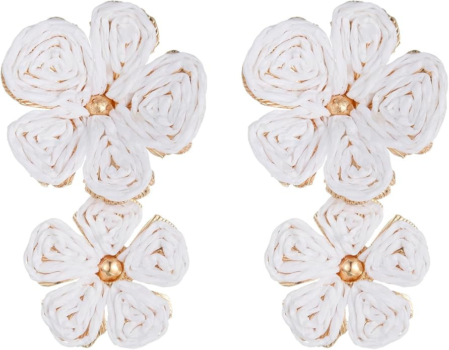 RUOFFETA Raffia Flower Earrings, Raffia Straw Wrapped Flower Drop Dangle Earrings Summer Tropical... | Amazon (US)