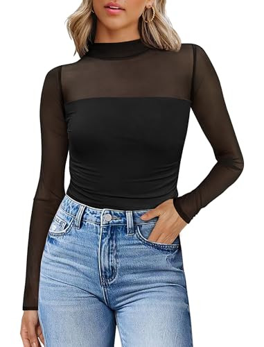 Womens Sexy Mesh Long Sleeve Shirts Fashion Clothing Turtle Necks Sheer Ruched Going Out Tops Fal... | Amazon (US)
