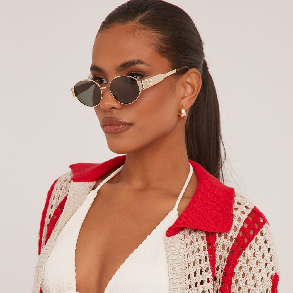 Oval Cateye Shape Side Detail Green Tinted Lense Metal Frame Sunglasses In Gold | EGO (UK)