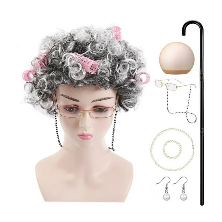 HAWEE Old Lady Wig Costume, Granny Cosplay Wig with Hair Rollers Granny Cane Grandma Dress Up Gla... | Walmart (US)