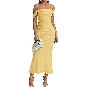 Amazon.com: KUTUMAI Off The Shoulder Maxi Long Dress Corset Ruched Bodycon Cocktail Formal Weddin... | Amazon (US)