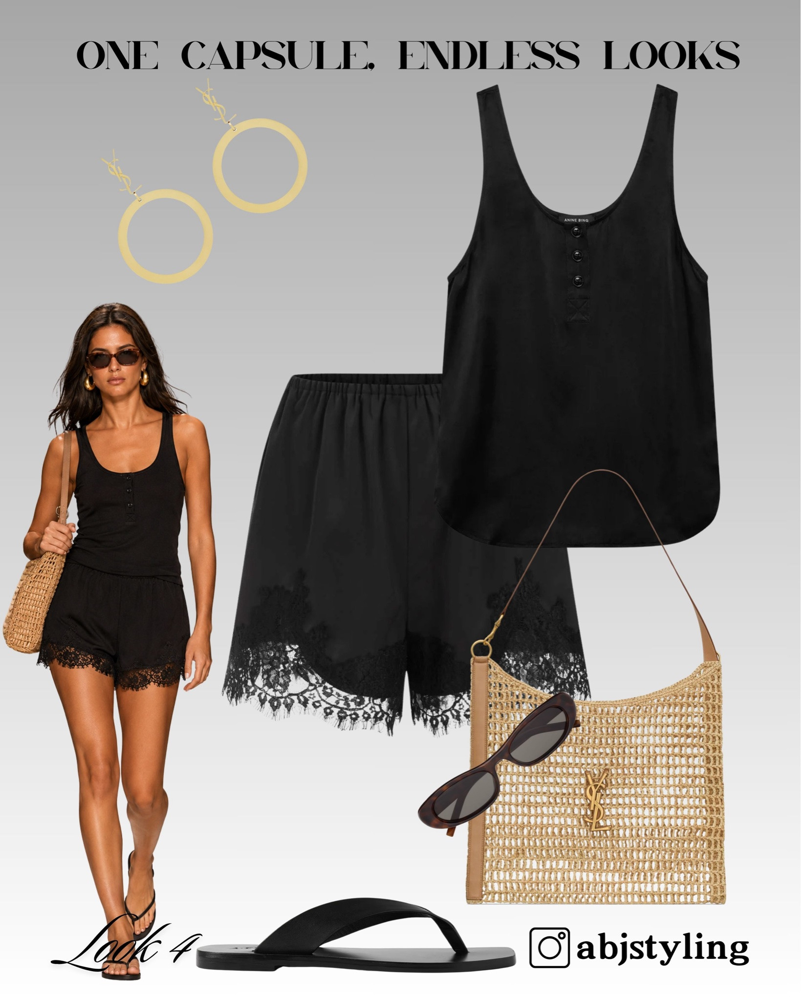 An easy all-black holiday look that still feels light and feminine. The lace-trim shorts elevate the simple tank, while the woven bag and gold accessories add warmth.

#LTKuk #LTKsummer #LTKeurope